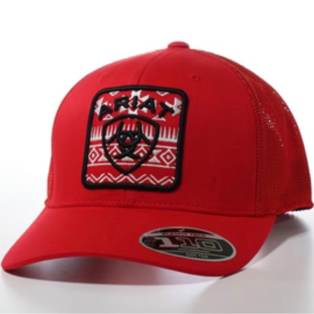 Ariat Red Trucker Hat with Embroidered Shield Patch